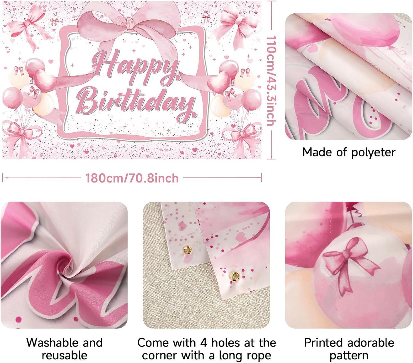 Skiennix Pink Bow Birthday Backdrop - Happy Birthday Banner Decorations for Girls' Parties