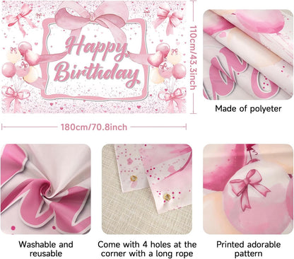Skiennix Pink Bow Birthday Backdrop - Happy Birthday Banner Decorations for Girls' Parties