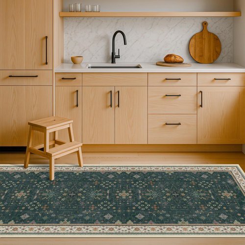 Hazo Haus Dark Green Kitchen Runner Rug - Modern Vintage Boho Floral Pattern, 2x8 ft Non-Slip, Washable
