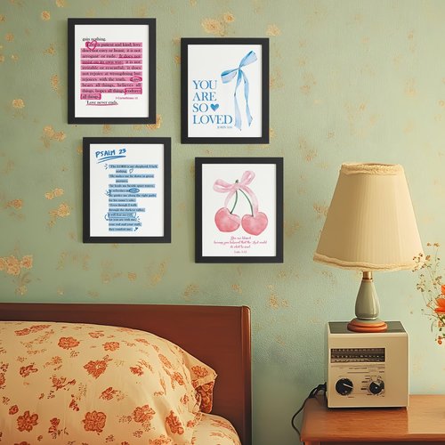 DSHFG Christian Wall Art - Trendy Pink & Blue Cherry Bow Decor | Set of 4 Bible Verse Prints 8x10