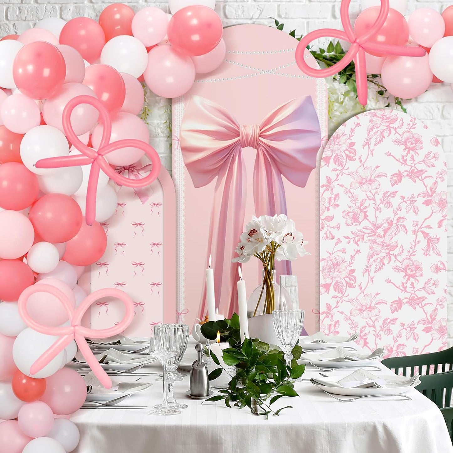 Soulchen Pink Bow Floral Arch Backdrop Set - 3 Fabric Covers with 200 Balloons | 4/5/6 Ft for Weddings & Parties