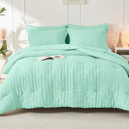 HYMOKEGE Mint Green Full Size Comforter Sets Seersucker 7 Pieces, All Season Luxury Bed in a Bag for Bedroom, Bedding Set with Comforter, Sheets, Pillowcases & Shams