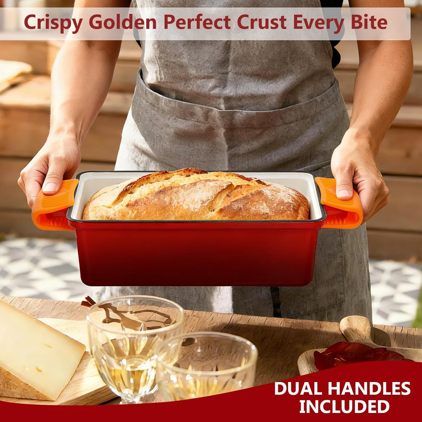 Wildone Enameled Cast Iron Bread Loaf Pan - 9x5 Sourdough Baking Set with Lid, Even Heating, Red
