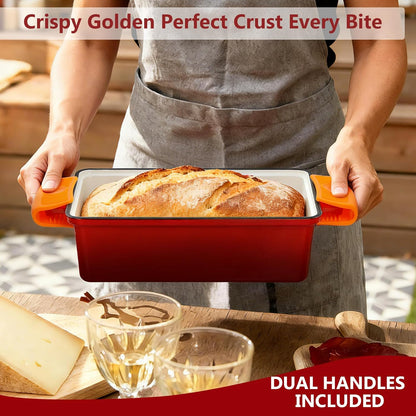 Wildone Enameled Cast Iron Bread Loaf Pan - 9x5 Sourdough Baking Set with Lid, Even Heating, Red
