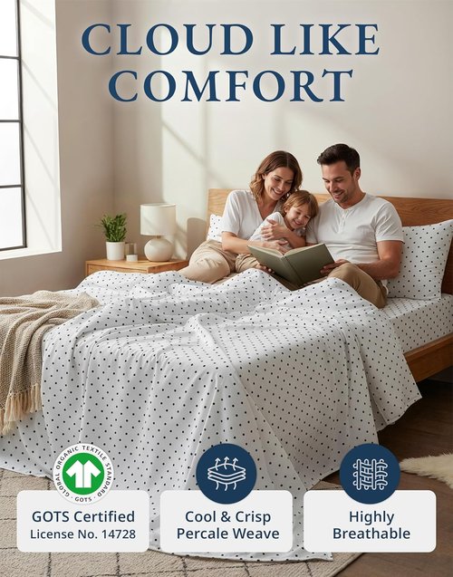 **LANE LINEN Eco-Friendly 100% Organic Cotton Queen Bed Sheet Set - Luxury Printed, Deep Pocket, Black Polka Dot**