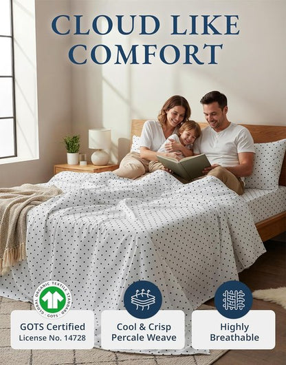 **LANE LINEN Eco-Friendly 100% Organic Cotton Queen Bed Sheet Set - Luxury Printed, Deep Pocket, Black Polka Dot**
