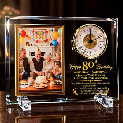 80th Birthday Glass Photo Frame Quartz Clock - 4x6 Photo Display - Gold-Tone Keepsake (Variation: 80th Birthday)
