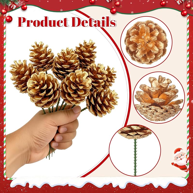 Gold 3 Inch Pine Cone Picks 30Pcs Christmas Wreath Decor - Variation: Glod-30