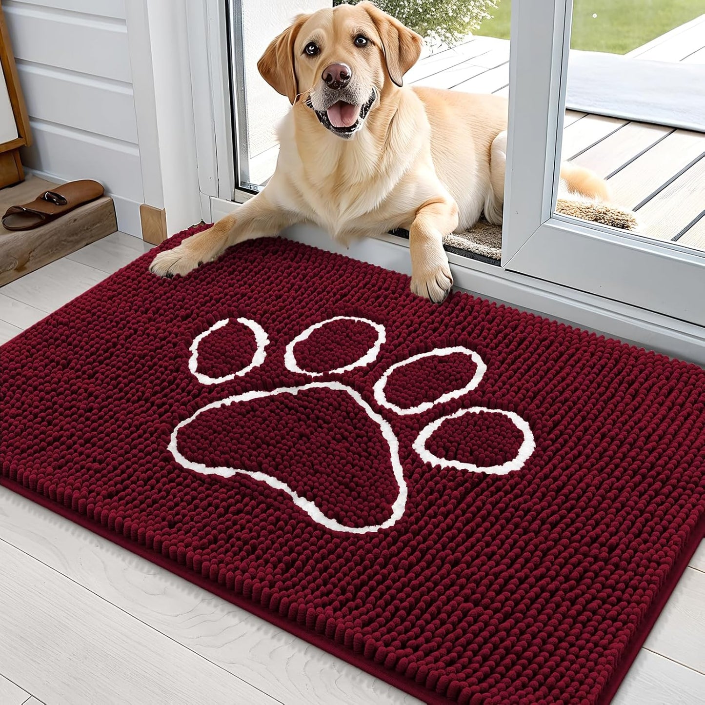 OLANLY Dog Door Mat - Absorbent Non-Slip Muddy Paws Design | 36x24 Burgundy Chenille Doormat