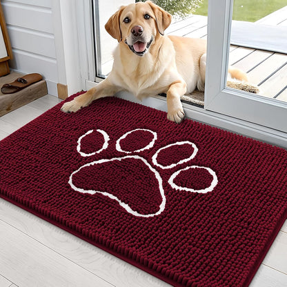 OLANLY Dog Door Mat - Absorbent Non-Slip Muddy Paws Design | 36x24 Burgundy Chenille Doormat