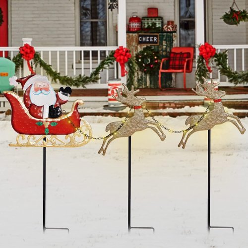 FORUP Christmas Garden Stakes - Lighted Santa Claus & Reindeer Outdoor Yard Ornaments | Festive Decor