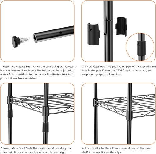 IZEUK 4-Tier Metal Wire Shelf Unit - Versatile Black Storage Rack for Kitchen, Bedroom & Laundry Room | 17.7" W x 11.8" D x 41.9" H
