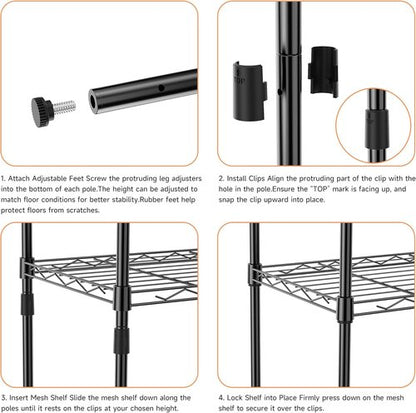 IZEUK 4-Tier Metal Wire Shelf Unit - Versatile Black Storage Rack for Kitchen, Bedroom & Laundry Room | 17.7" W x 11.8" D x 41.9" H