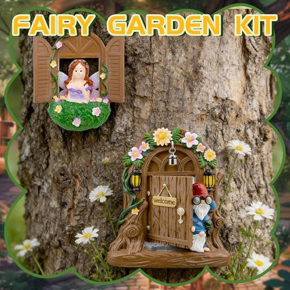 Exasinine Fairy Door and Windows Set - Gnome Statue Garden Sculpture | Outdoor Lawn Decor