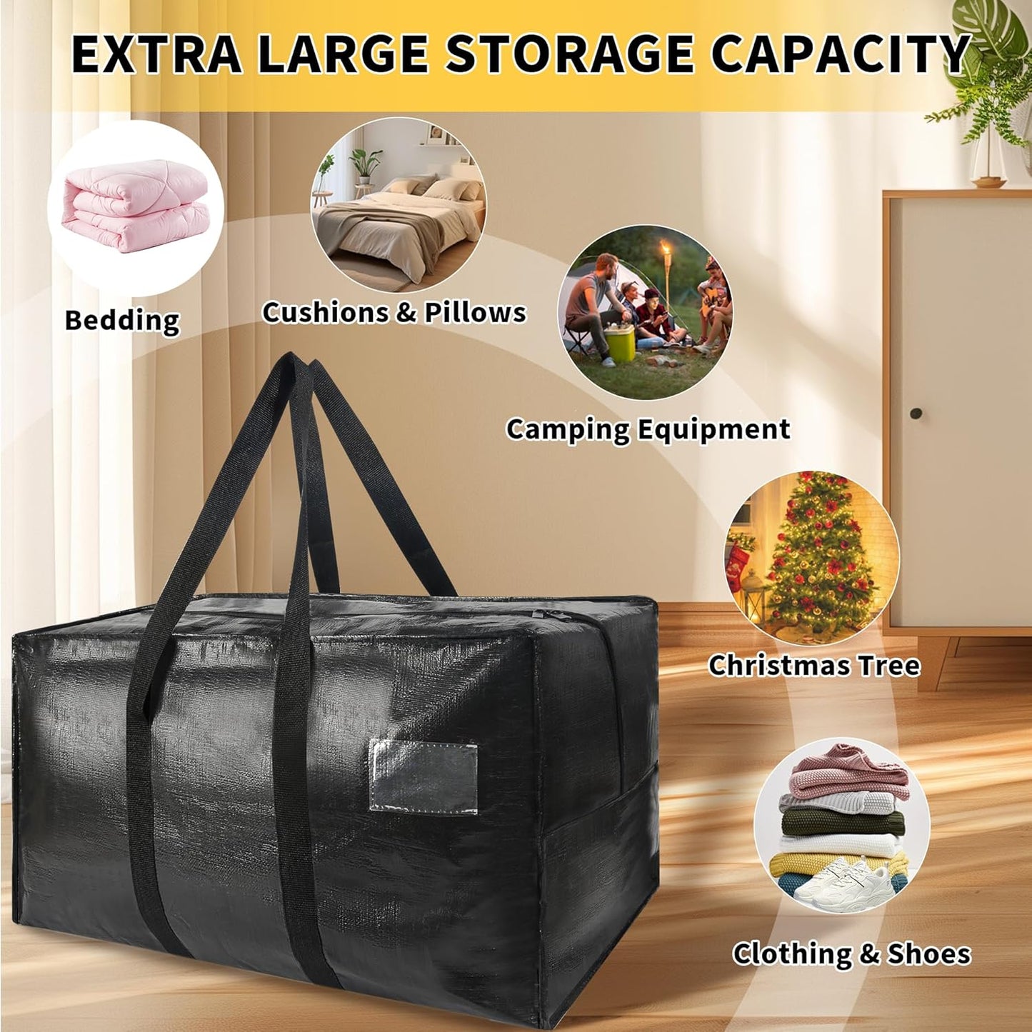 Skiennix Heavy Duty Extra Large Moving Bags - 58 Gallon Jumbo Storage with Strong Zippers & Handles | 2-Pack