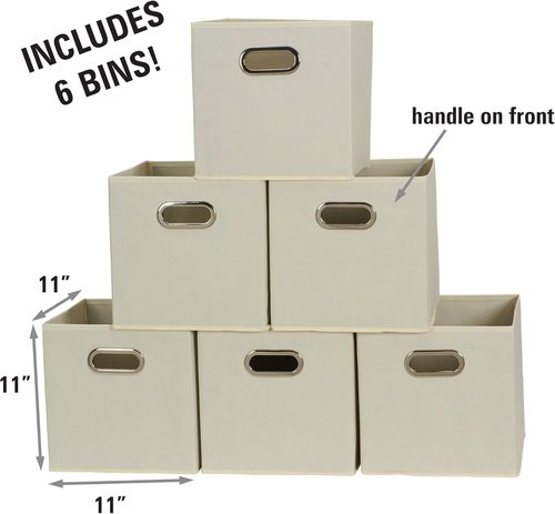Fabric Storage Bins 6-Piece Set - Strong Poly-Woven Fabric, Sturdy Chipboard, Stackable & Foldable, Cream