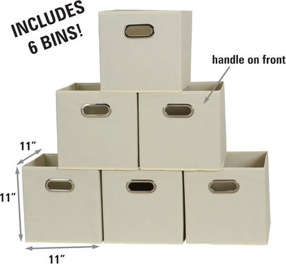 Fabric Storage Bins 6-Piece Set - Strong Poly-Woven Fabric, Sturdy Chipboard, Stackable & Foldable, Cream