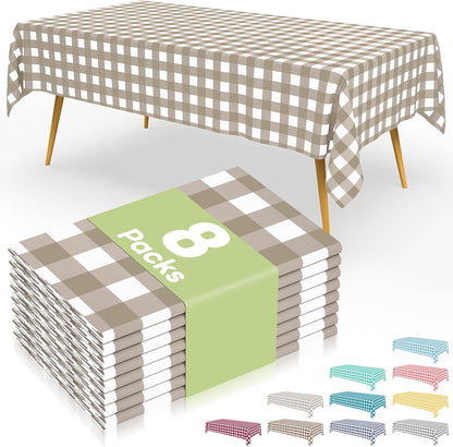 Smiry Gingham Disposable Tablecloths - 8 Packs of Waterproof 54 x 108 Inch Khaki & White Covers for Parties