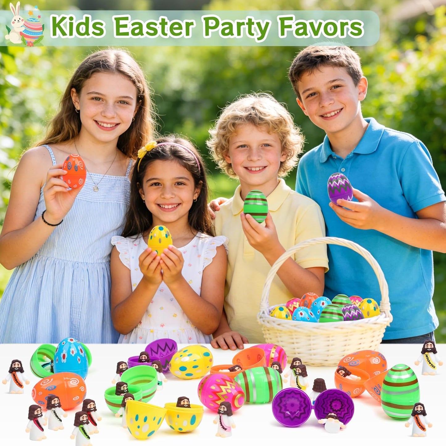 Religious Easter Basket Stuffers - 60 PCS Jesus Figurines & Colorful Eggs for Kids' Egg Hunt