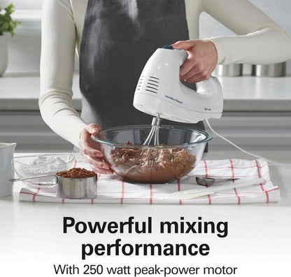 Hamilton Beach 6-Speed Electric Hand Mixer - Whisk & Beaters with Snap-On Storage Case, 250 Watts, White