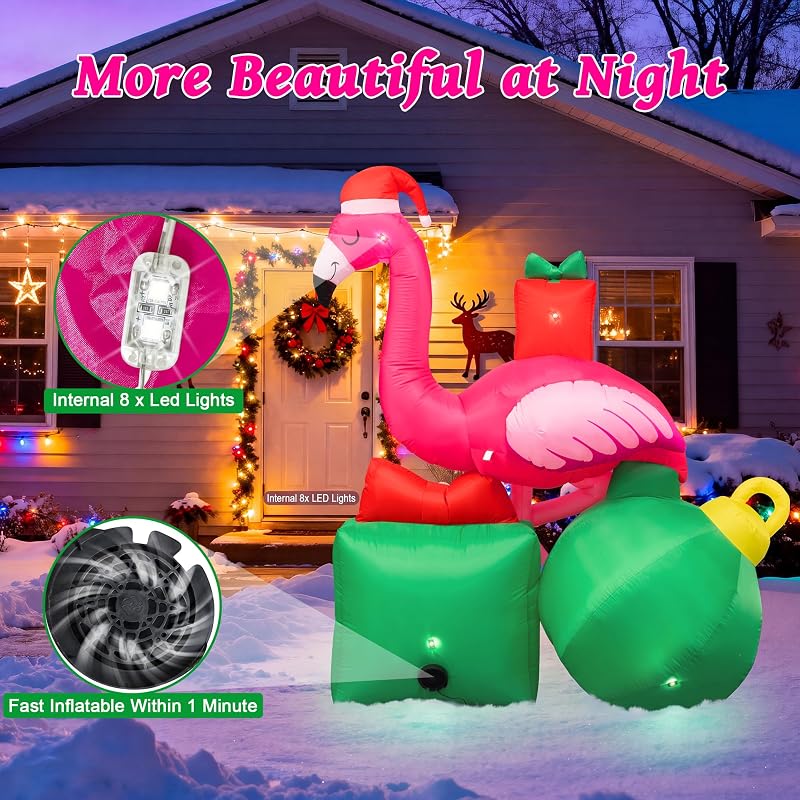 6ft Christmas Inflatable Flamingo Yard Decor with LED Lights