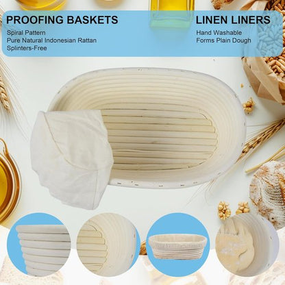 Banneton 10-Inch Oval Bread Proofing Basket - Handmade Rattan Sourdough Bowl Set (3 Pcs)
