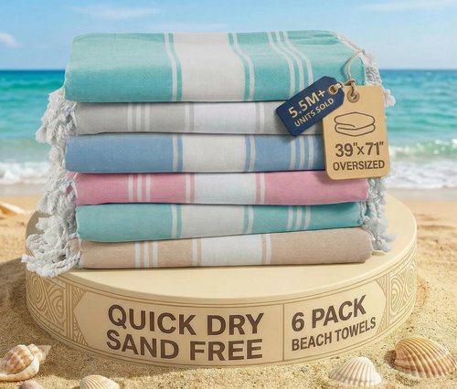 LANE LINEN Turkish Beach Towels for Women, Set of 6 - Large 39"x71", Pre-Washed, No-Shrink, Sand-Free, Quick Dry, Lightweight, Soft Beach Bath Towels - Vintage Beach