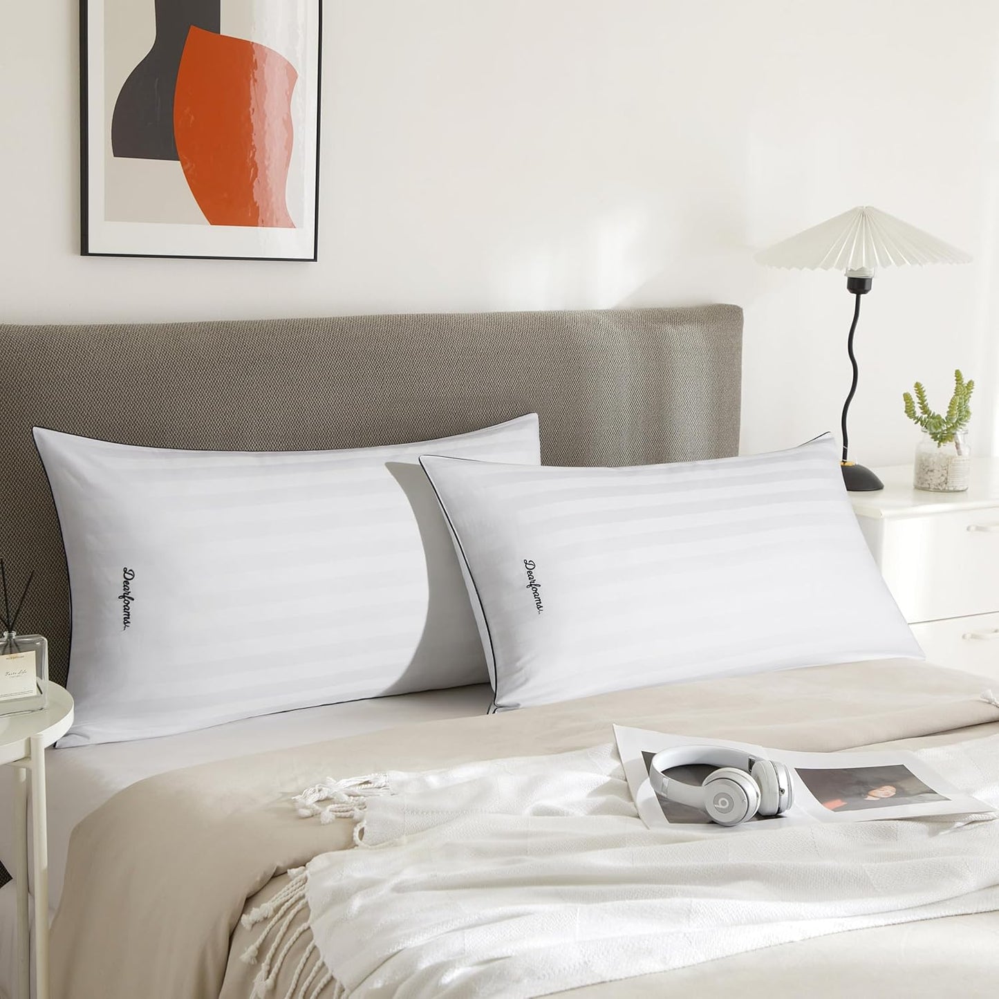 Dearfoams King Size Bed Pillows - Luxurious Cotton Stripe Down Alternative for All Sleep Positions