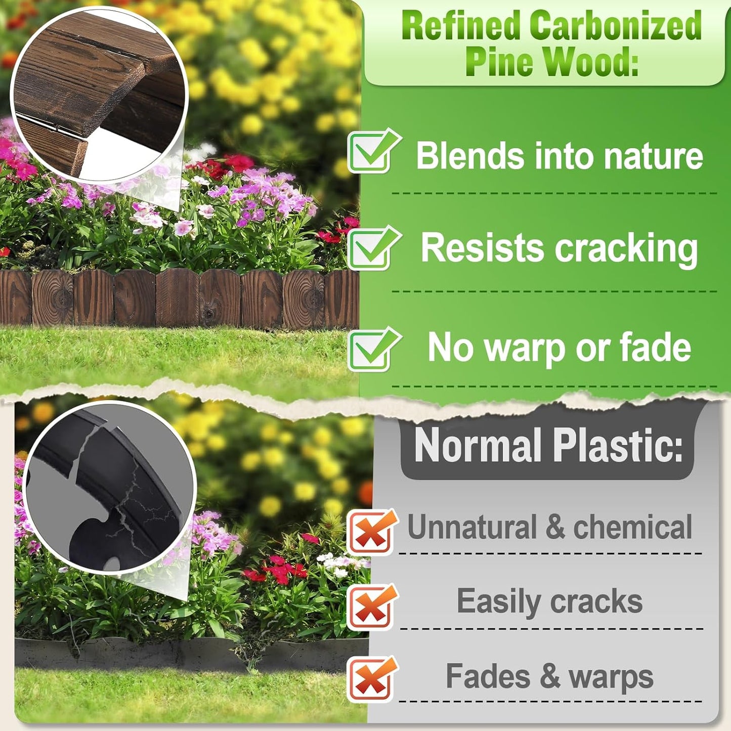 Sturdy Wood Garden Edging by [Brand Name] - 9.6ft Landscape Border, Anti-Corrosive & Low-Profile Design for Flower Beds & Paths