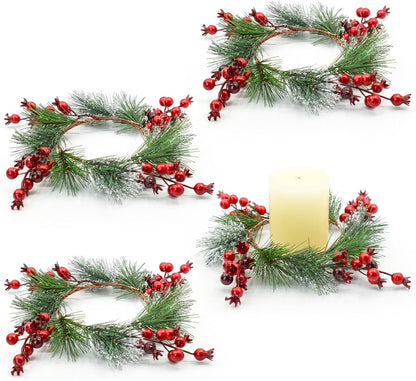 Skiennix Christmas Candle Rings - Snowy Pine Needle & Red Berry Mini Wreaths | 4PCS for Holiday Decor