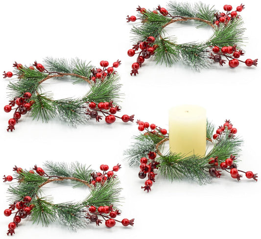 Skiennix Christmas Candle Rings - Snowy Pine Needle & Red Berry Mini Wreaths | 4PCS for Holiday Decor