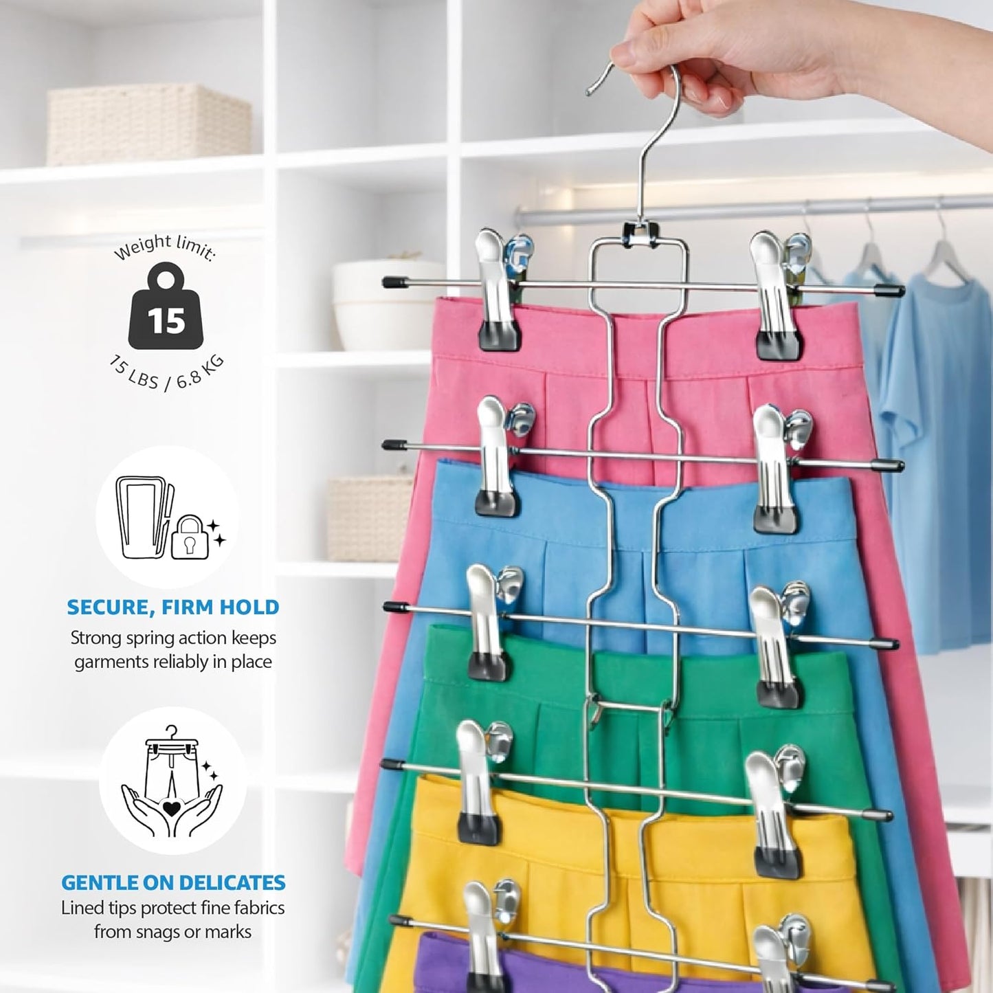 ZOBER 3-Pack Skirt Hangers with Clips - Space-Saving Closet Organizer for Pants & Skirts