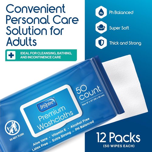 Inspire Adult Wet Wipes - Incontinence & Cleansing Wash Cloths for Elderly | 8"x12", Pack of 50
