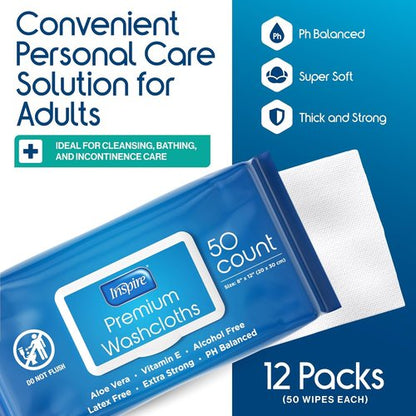 Inspire Adult Wet Wipes - Incontinence & Cleansing Wash Cloths for Elderly | 8"x12", Pack of 50