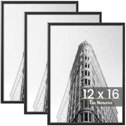 Fun Memories 12x16 Poster Frame for Photo, Posters & Art Prints, Horizontal or Vertical Wall Mounting Scratch-Proof Wall Gallery Photo Frame (Black, 3 Pack)