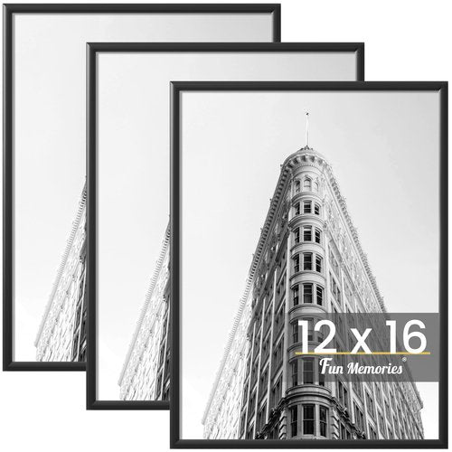 Fun Memories 12x16 Poster Frame for Photo, Posters & Art Prints, Horizontal or Vertical Wall Mounting Scratch-Proof Wall Gallery Photo Frame (Black, 3 Pack)
