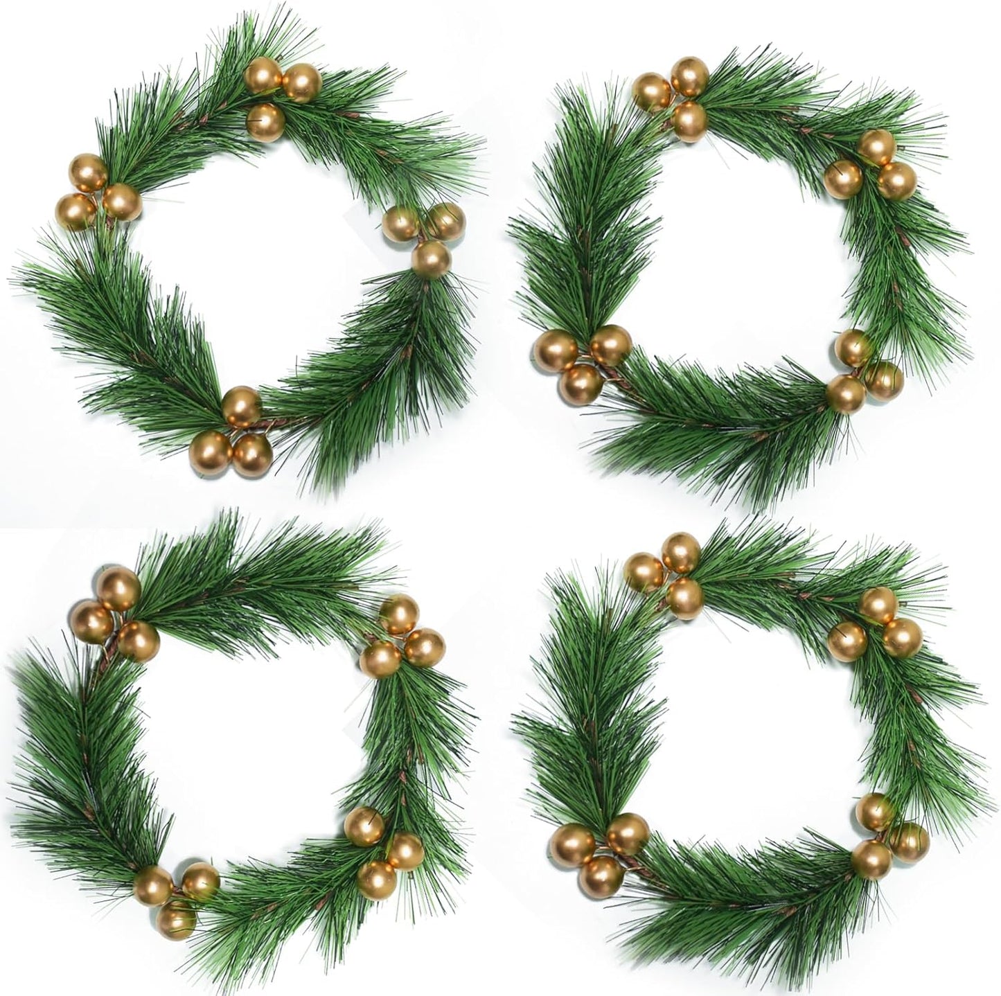 Skiennix Christmas Candle Rings - Artificial Golden Berries & Pine Needles | 4-Piece Wreath Set for Festive Table Decor