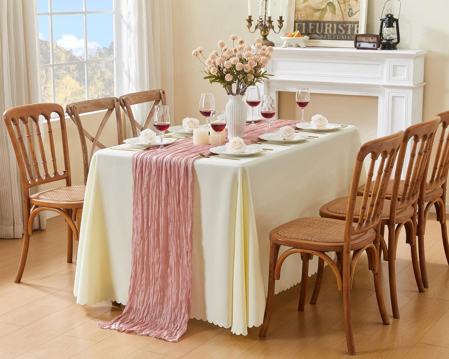 QINJIEJIE Table Runner - 120-Inch Boho Sheer Cheesecloth for Summer Decor | Dusty Pink