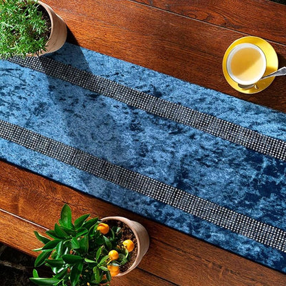 Fancy Blue Table Runner with Silver Sequin Rhinestones, Ombre Velvet 13x84 Inches - Variation Blue+13x84 inches