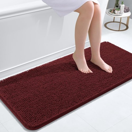 OLANLY Bathroom Rugs 47x20, Extra Soft Absorbent Chenille Bath Rugs, Rubber Backing Quick Dry, Machine Washable Bath Mats for Bathroom Floor, Tub and Shower, Home Decor Accessories, Andorra Red-Brown