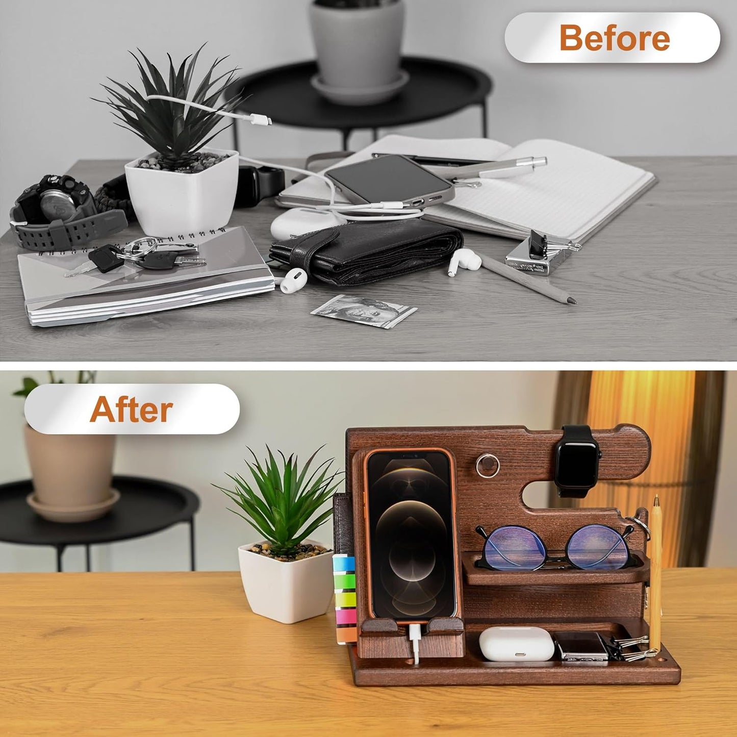 TESLYAR Wood Phone Docking Station - Elegant Desk Organizer for Men | Key Holder & Watch Stand (Bourbon Brown)
