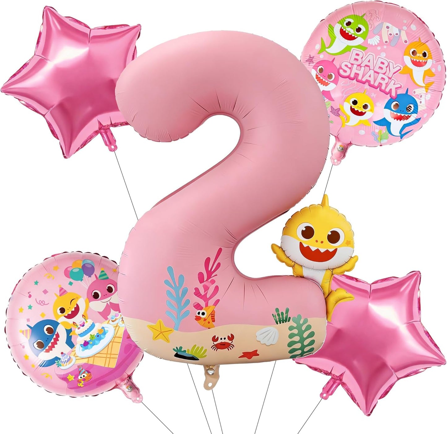 PartyWoo Baby Shark Pink Foil Number 2 Balloon - 5pcs 18-Inch Round Mylar Helium Birthday Decorations for Kids