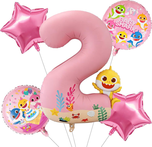 PartyWoo Baby Shark Pink Foil Number 2 Balloon - 5pcs 18-Inch Round Mylar Helium Birthday Decorations for Kids