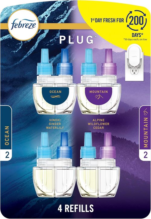 Febreze Plug-In Air Freshener Refill - Long-Lasting Odor-Fighting Scents | Ocean & Mountain, 0.87oz, 4 Count