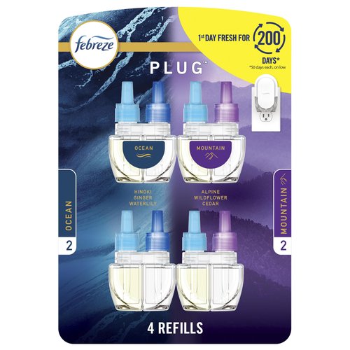 Febreze Plug In Air Freshener, Odor-Fighting Scented Oil Refill, Air Fresheners for Home and Bathroom and Kitchen, Long Lasting for Strong Odors, Ocean & Mountain Scents, 0.87oz Refills, 4 Count