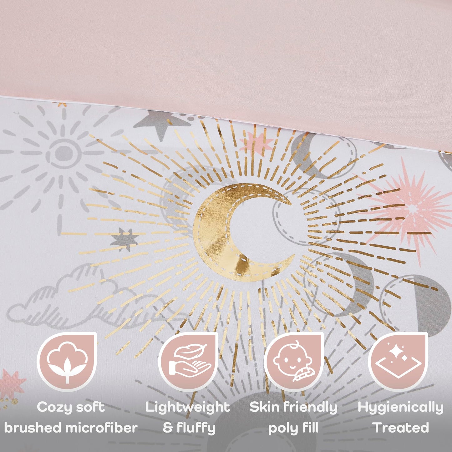 Mi Zone Kids Twin Comforter Set, Celestial Metallic Comforter Set Starry Sky, Moon & Sun Comforters, All Seasons Lightweight & Fluffy Comforter Bed Set, 1 Sham, Celia, Twin, Blush/Gold 3 Piece