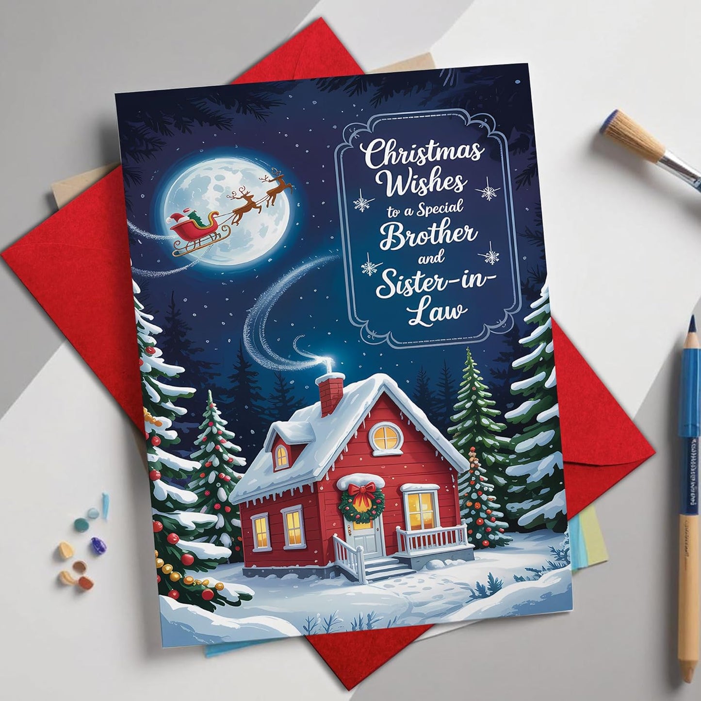Regine Switzerland Christmas Card - Cozy Winter Cottage Design for Brother & Sister-in-Law | 5.3''x8'' with Red Envelope