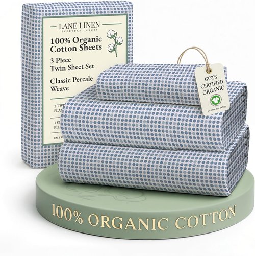 LANE LINEN 100% Organic Cotton Twin Sheets Set - Breathable & Cooling 3-Piece Bedding | Deep Pocket Polka Dot (Blue)