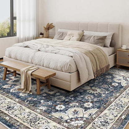 Skiennix Washable Area Rug - 9 x 12 Stain Resistant Medallion Design | Soft Non-Shedding Carpet for Indoor/Outdoor Use (Blue)