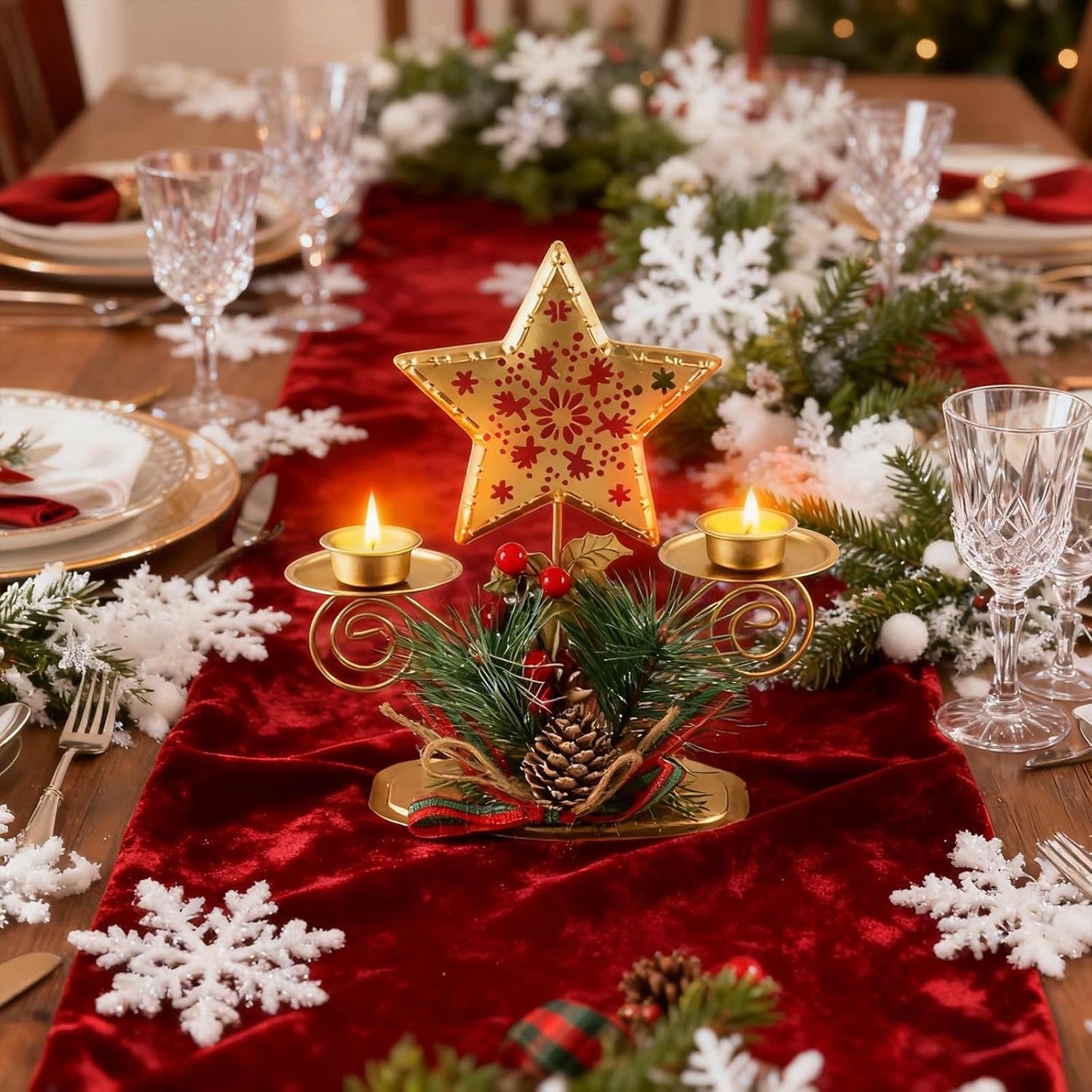 Christmas Candle Holders - Metal Table Centerpiece with Artificial Berries & Pine Cones | Festive Decor